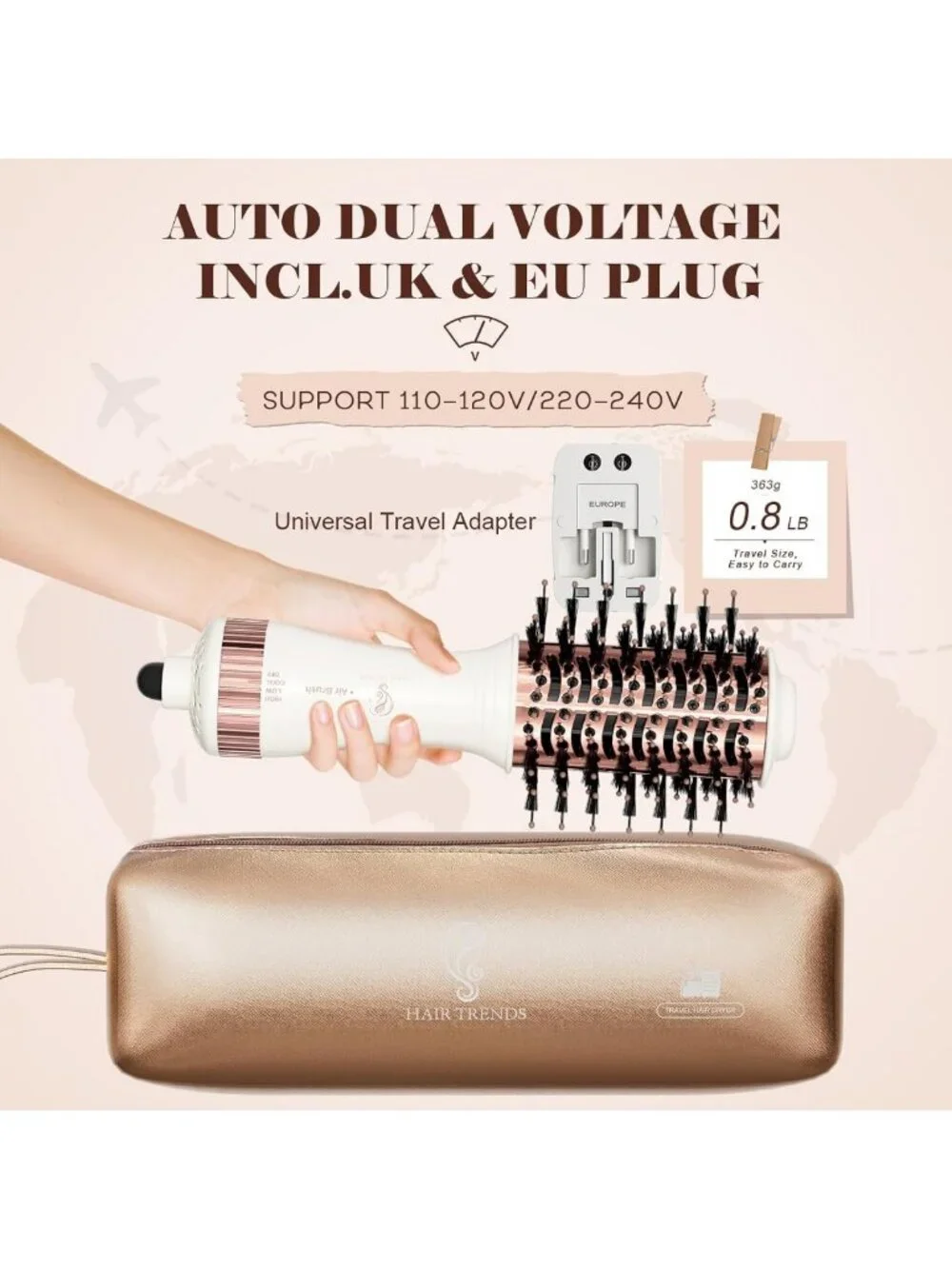 Dual Voltage Mini Hot Air Brush & Blow Dryer - Perfect for Travel & Styling